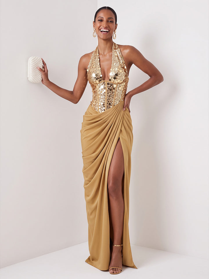 Solid Sequin Halter Corset Satin Sheath Floor Length Sleeveless Evening Dresses