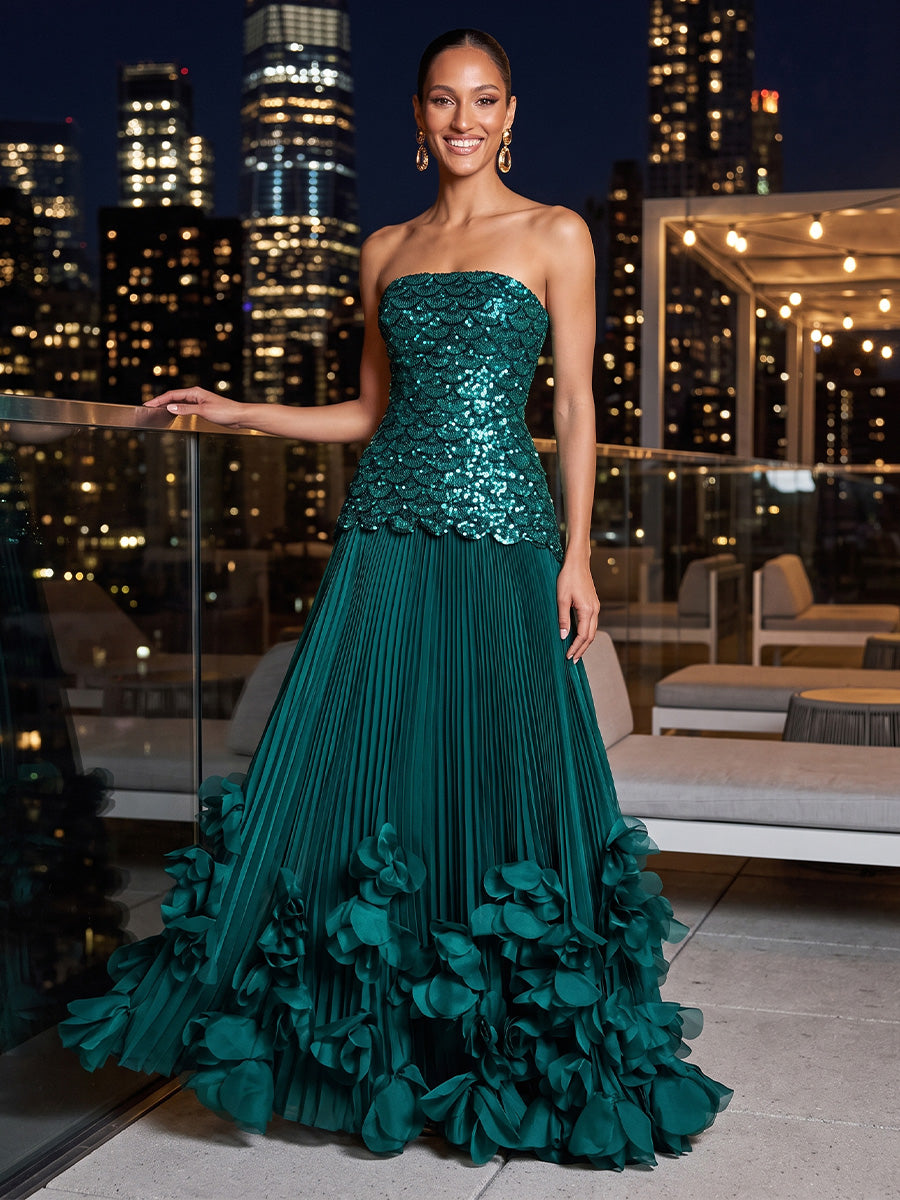 A Line Solid Sequin Satin Strapless Floor Length Sleeveless Glitter Evening Dresses