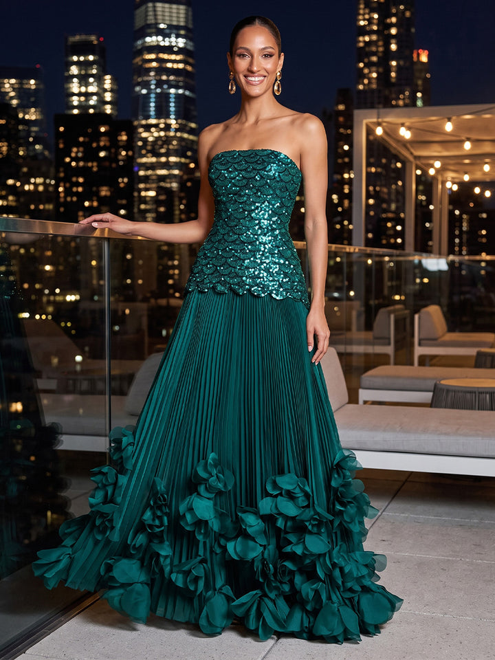 A Line Solid Sequin Satin Strapless Floor Length Sleeveless Glitter Evening Dresses