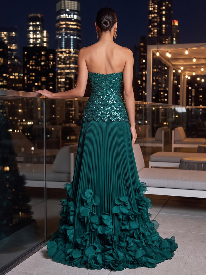 A Line Solid Sequin Satin Strapless Floor Length Sleeveless Glitter Evening Dresses
