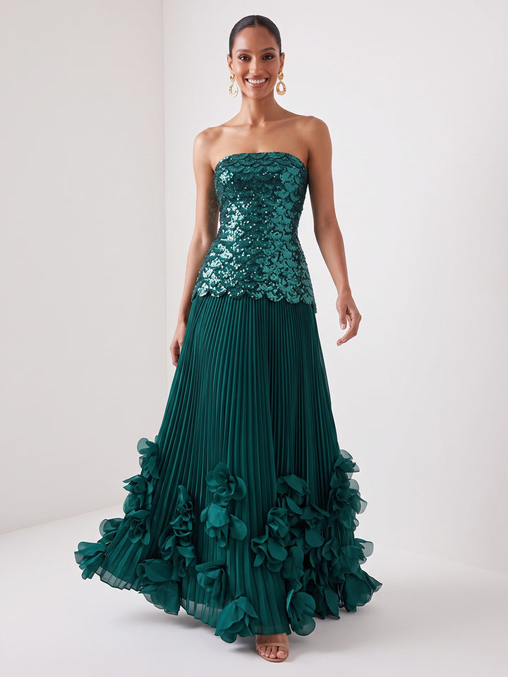 A Line Solid Sequin Satin Strapless Floor Length Sleeveless Glitter Evening Dresses