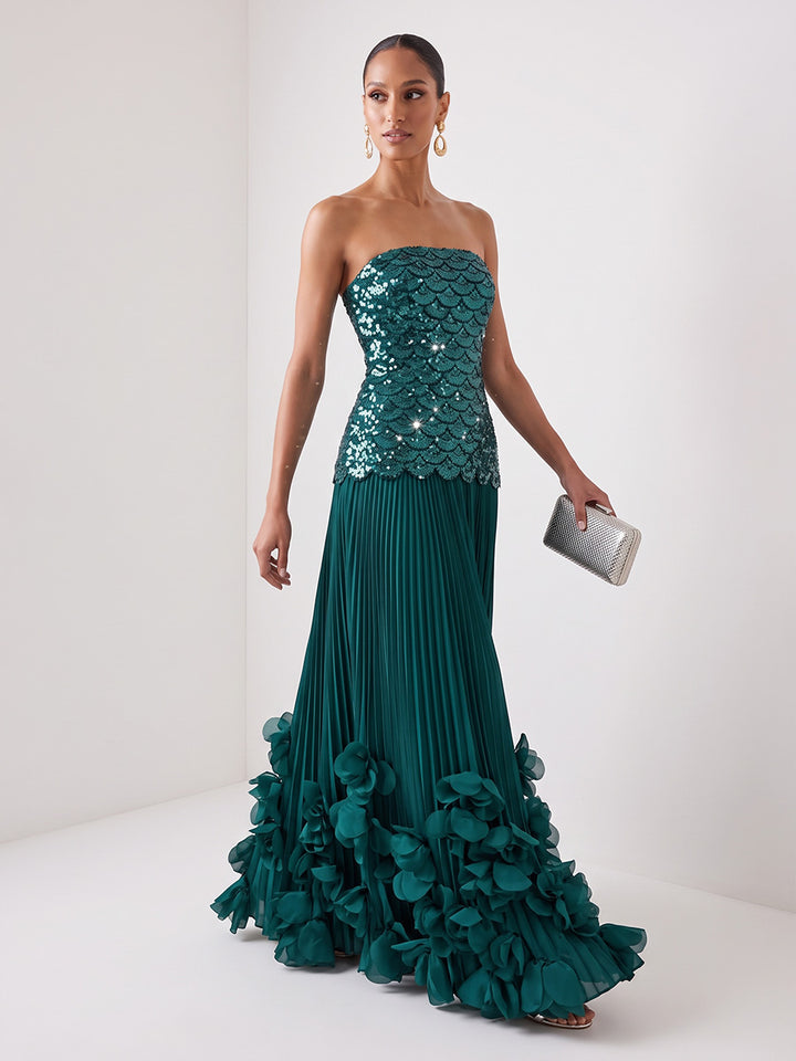 A Line Solid Sequin Satin Strapless Floor Length Sleeveless Glitter Evening Dresses