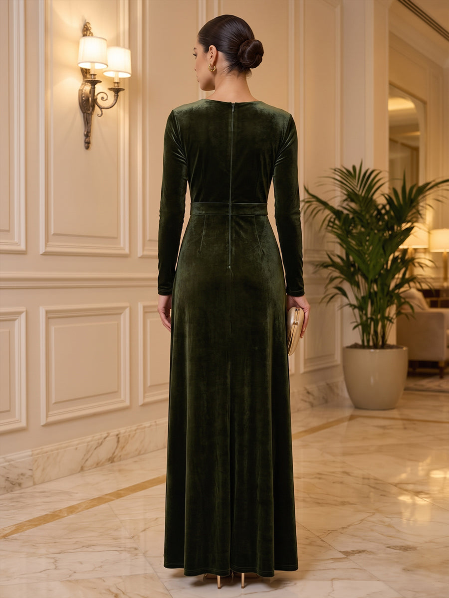 Velvet A Line V Neck Floor Length Formal Dresses Long Sleeves Wrap Bodice Evening Dresses