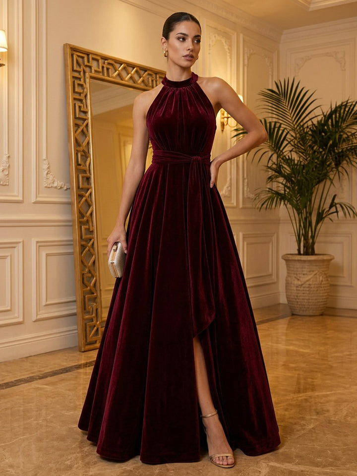 Velvet Ball Gown Halter Floor Length Formal Dresses Sleeveless Pleats Evening Dresses