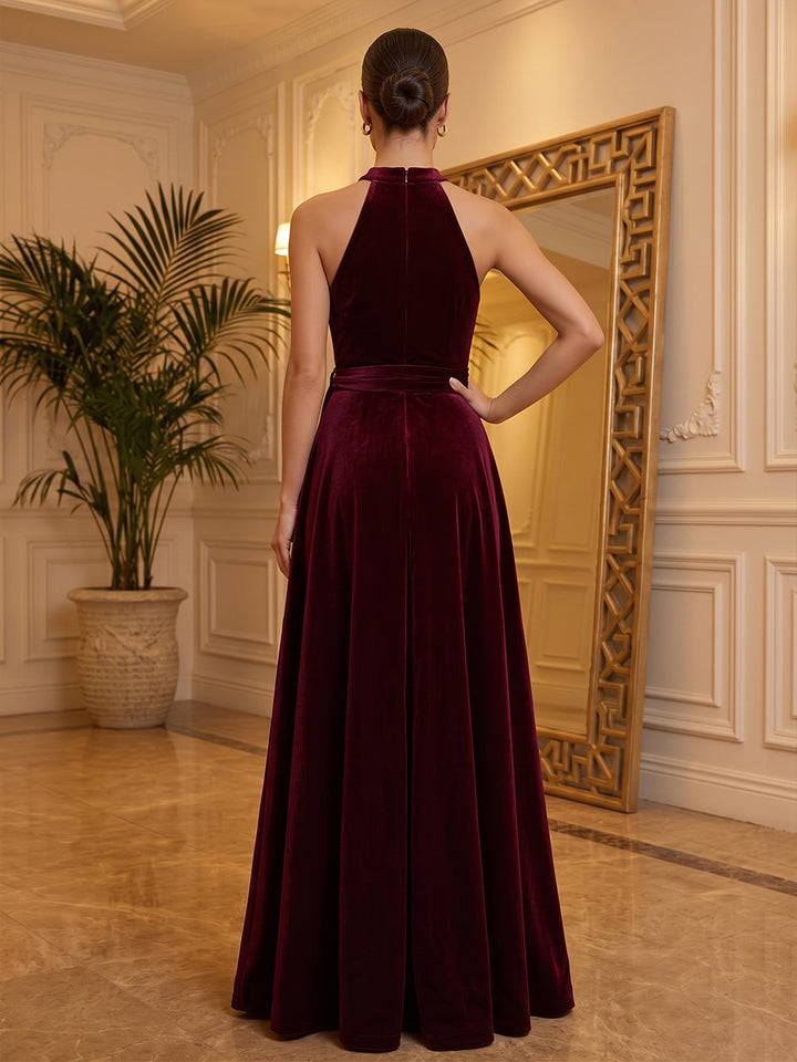 Velvet Ball Gown Halter Floor Length Formal Dresses Sleeveless Pleats Evening Dresses
