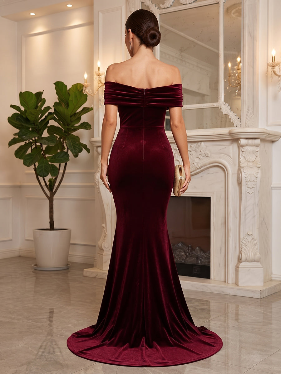 Velvet Mermaid Off the Shoulder Floor Length Formal Dresses Sleeveless Ruched Evening Dresses