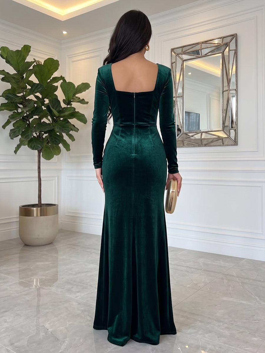 Velvet Sheath Square Neck Floor Length Formal Dresses Long Sleeves Twisted Evening Dresses