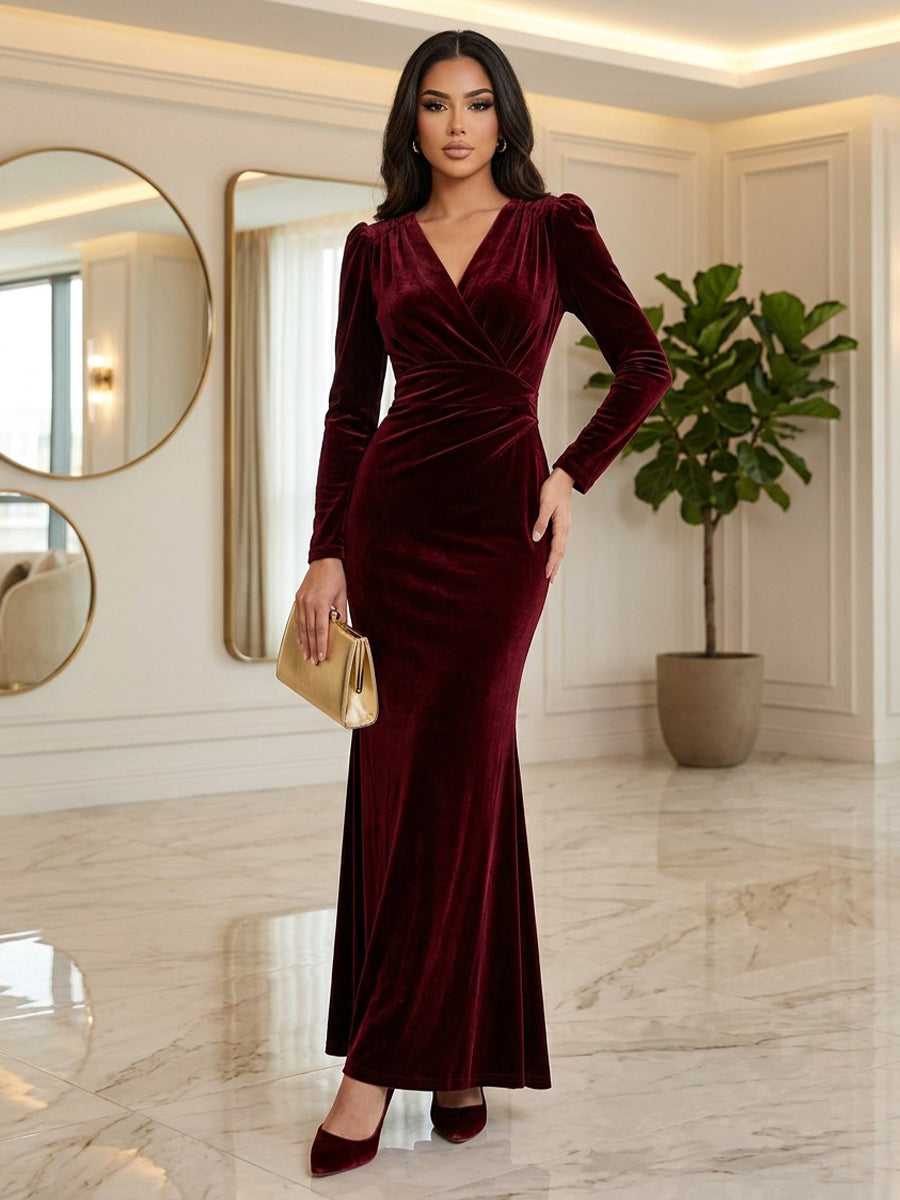 Velvet Mermaid V Neck Floor Length Formal Dresses Long Sleeves Wrap Bodice Evening Dresses