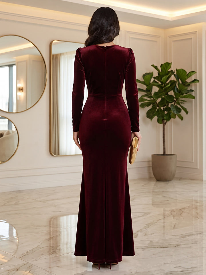 Velvet Mermaid V Neck Floor Length Formal Dresses Long Sleeves Wrap Bodice Evening Dresses