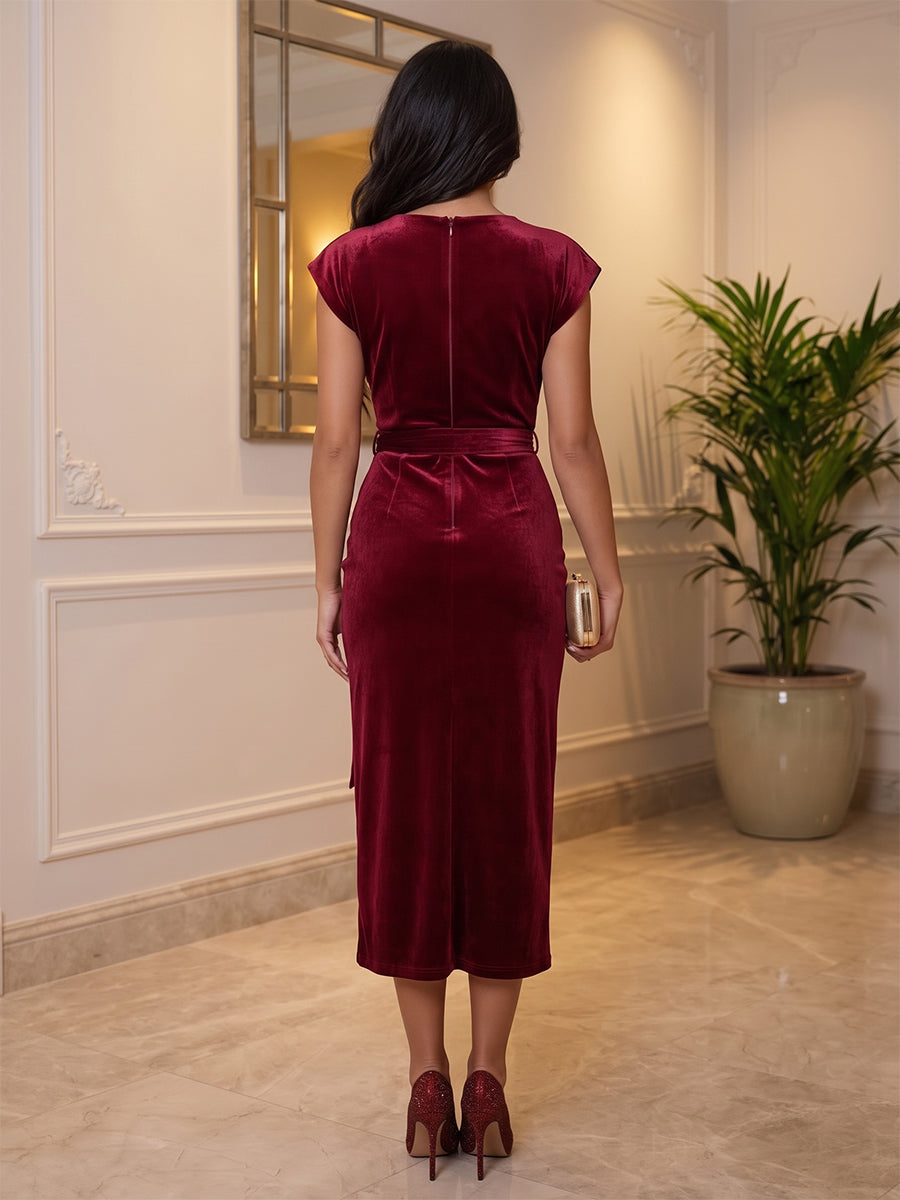 Velvet Sheath V Neck Tea Length Formal Dresses Short Sleeves Wrap Bodice Evening Dresses