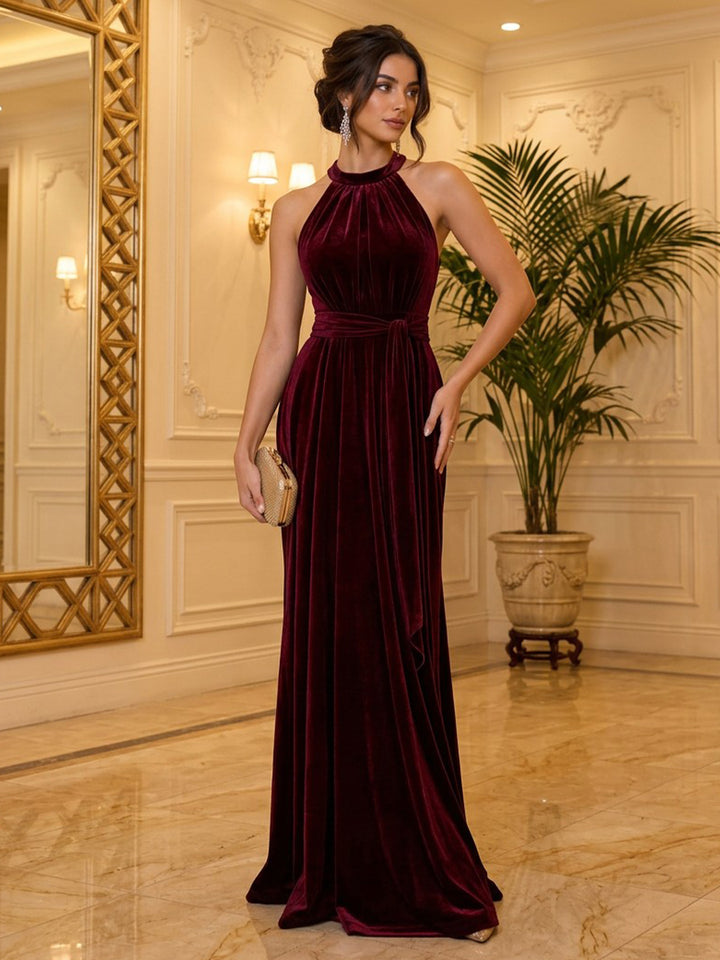 Velvet A Line Halter Floor Length Formal Dresses Sleeveless Pleats Evening Dresses