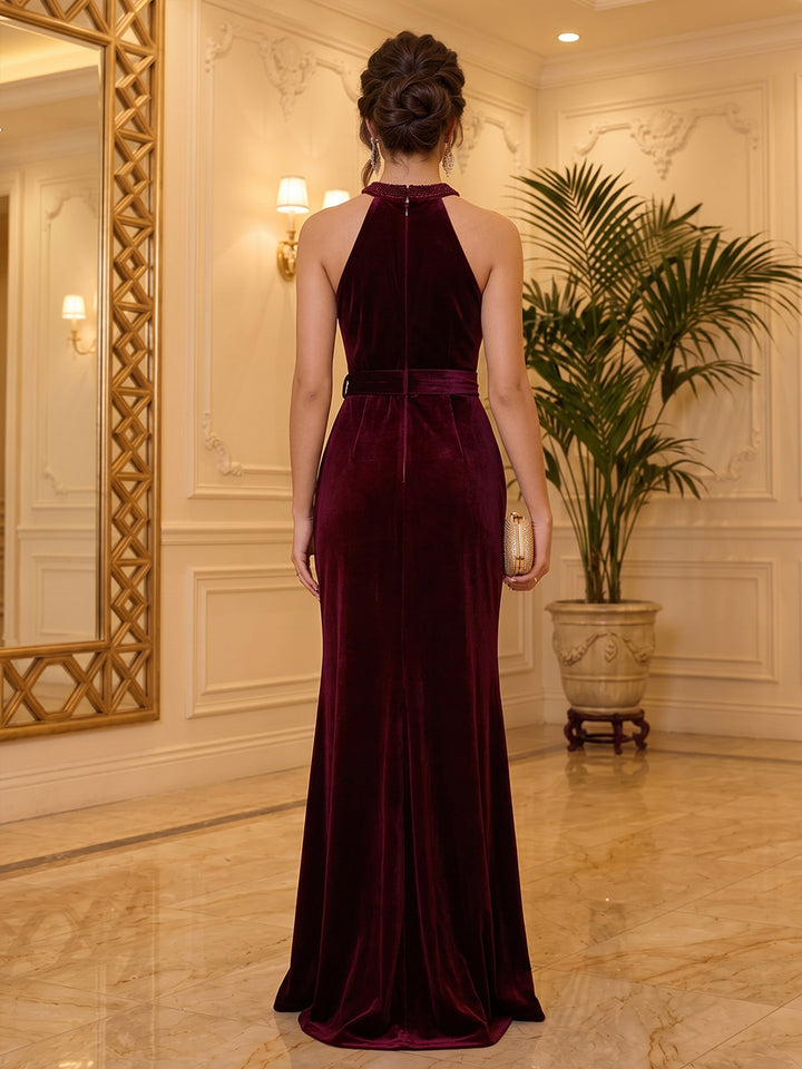Velvet A Line Halter Floor Length Formal Dresses Sleeveless Pleats Evening Dresses