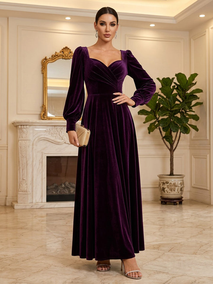 Velvet A Line Sweetheart Floor Length Formal Dresses Long Sleeves Ruched Evening Dresses