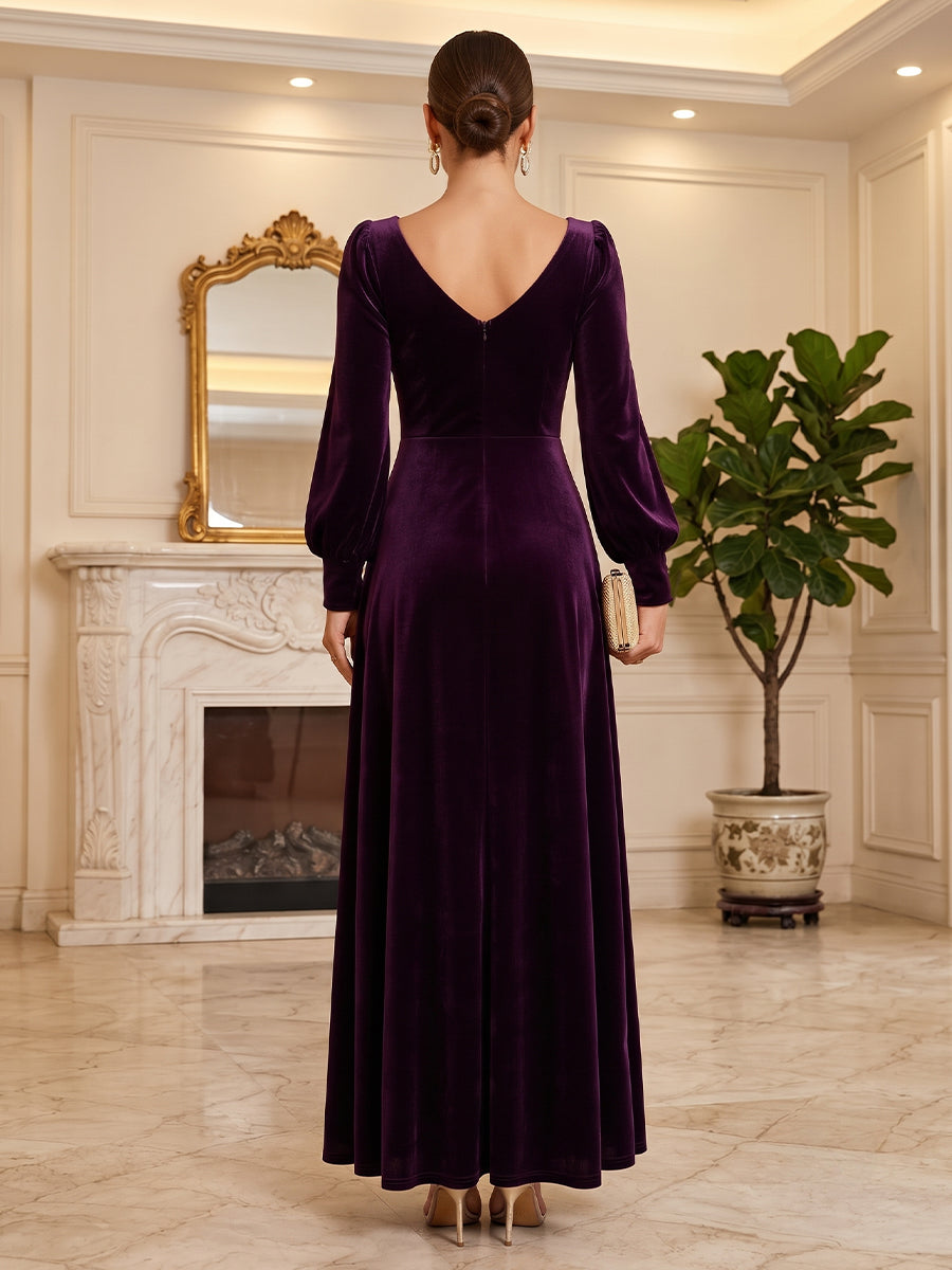Velvet A Line Sweetheart Floor Length Formal Dresses Long Sleeves Ruched Evening Dresses