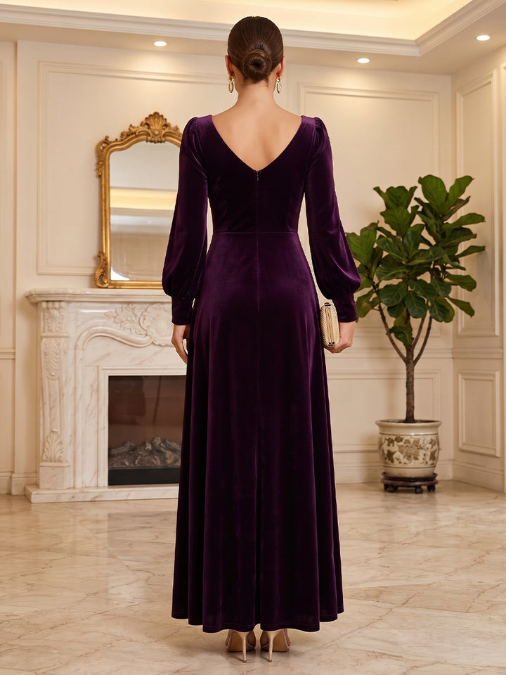 Velvet A Line Sweetheart Floor Length Formal Dresses Long Sleeves Ruched Evening Dresses