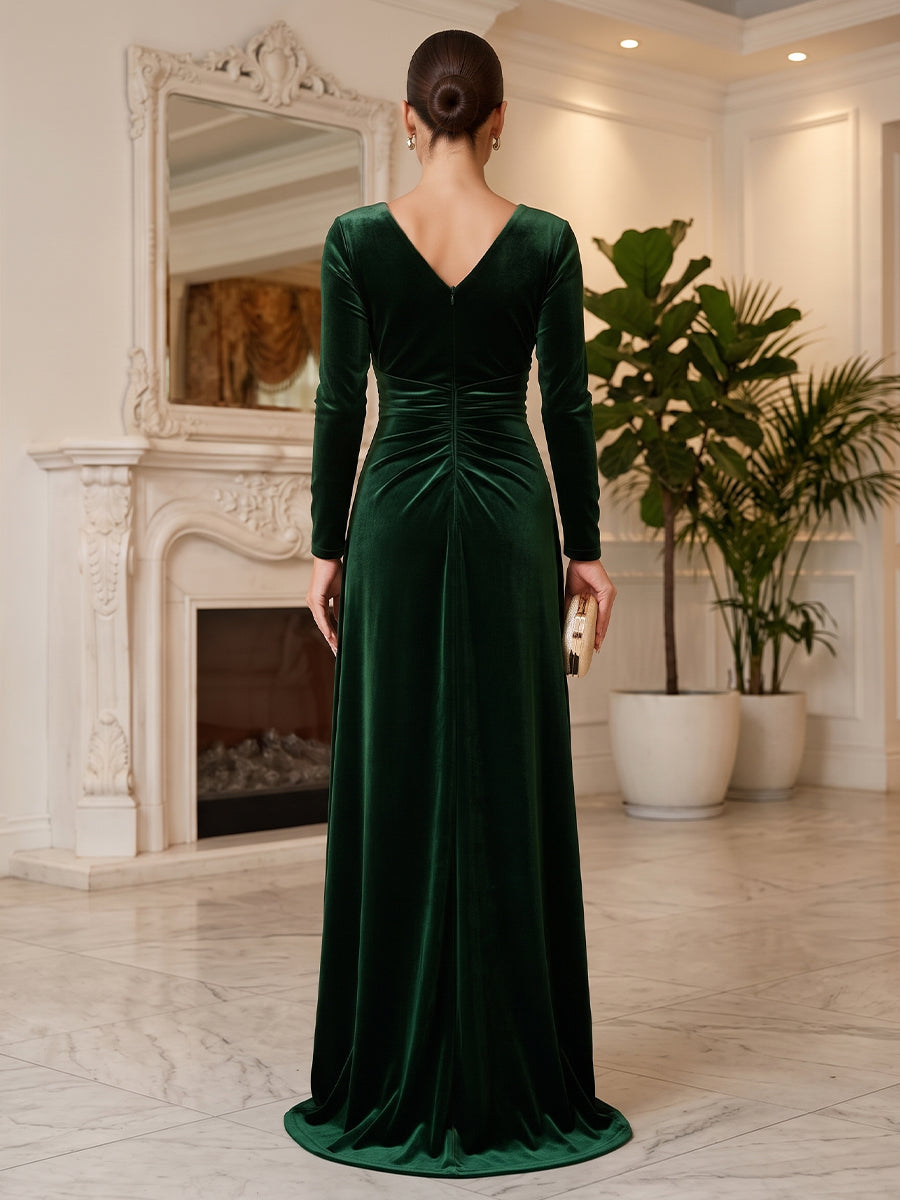 Velvet A Line V Neck Floor Length Formal Dresses Long Sleeves Wrap Bodice Evening Dresses