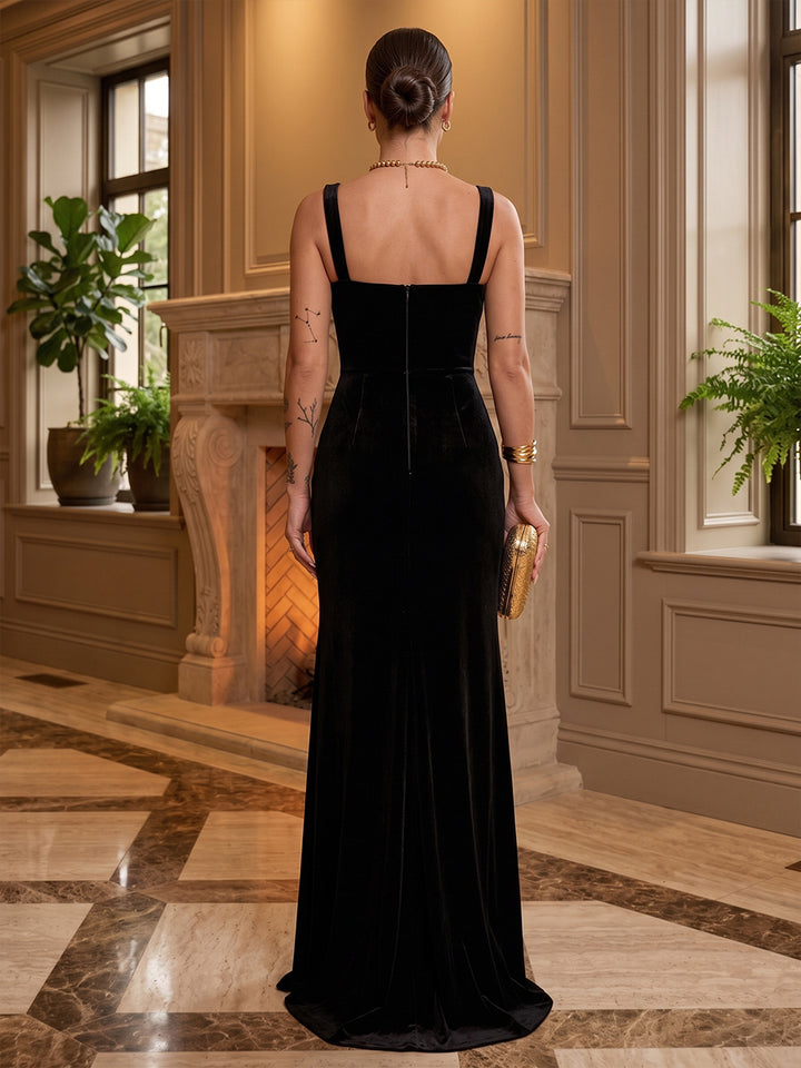Velvet A Line Spaghetti Straps Floor Length Formal Dresses Sleeveless Fitted Waist Evening Dresses