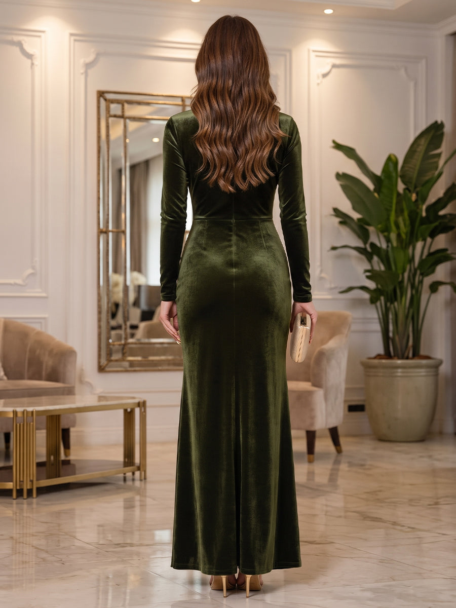 Velvet A Line V Neck Floor Length Formal Dresses Long Sleeves Wrap Bodice Evening Dresses