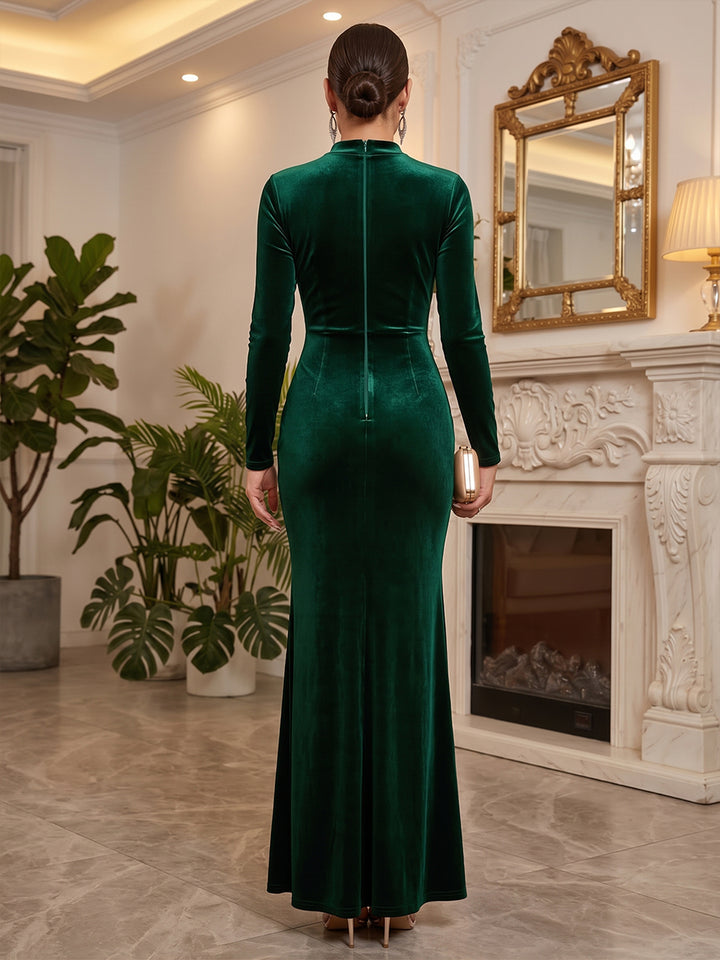 Velvet Mermaid High Neck Floor Length Formal Dresses Long Sleeves Ruched Evening Dresses