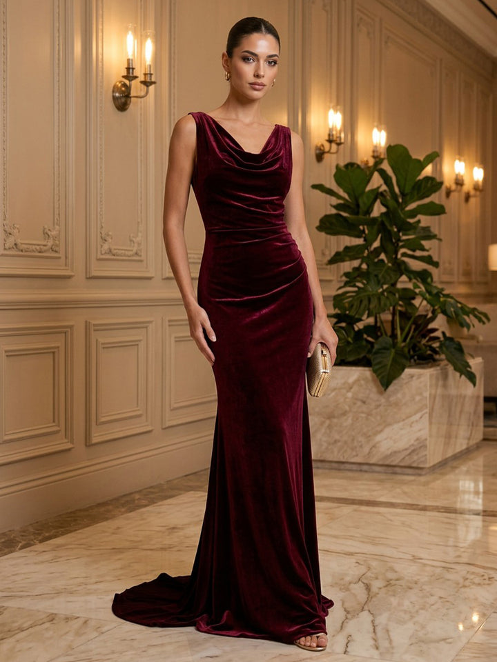 Velvet Mermaid Cowl Neck Floor Length Formal Dresses Sleeveless Ruched Evening Dresses
