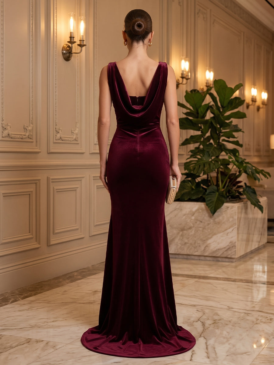 Velvet Mermaid Cowl Neck Floor Length Formal Dresses Sleeveless Ruched Evening Dresses