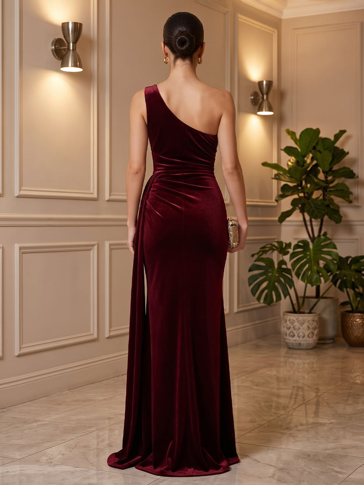 Velvet Mermaid One Shoulder Floor Length Formal Dresses Sleeveless Ruched Evening Dresses