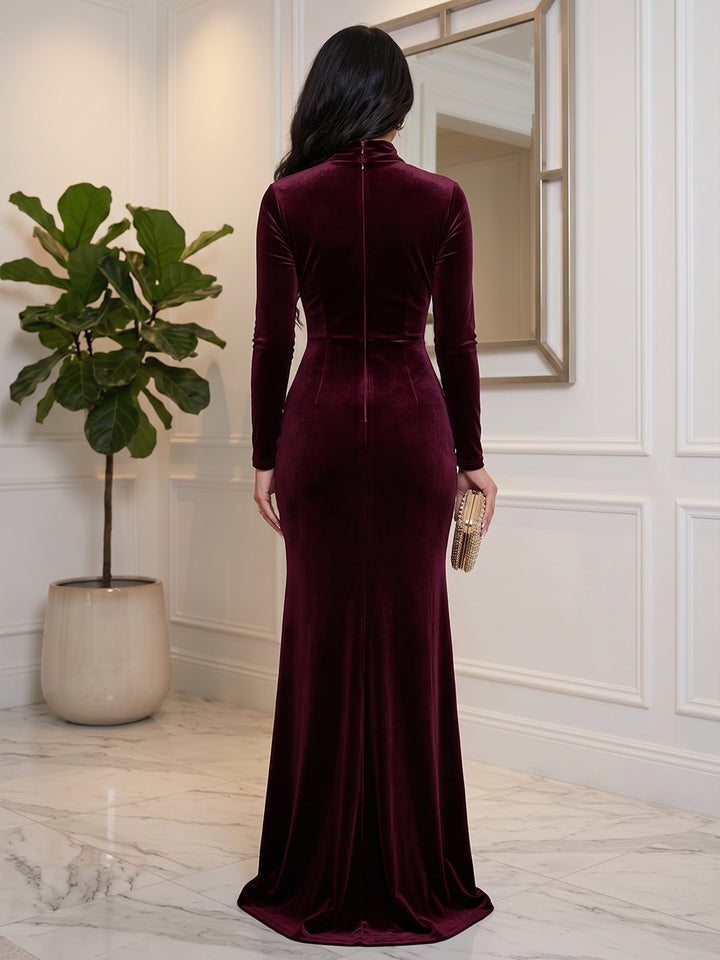 Velvet Mermaid Halter Floor Length Formal Dresses Long Sleeves Twist Halter Neck Evening Dresses