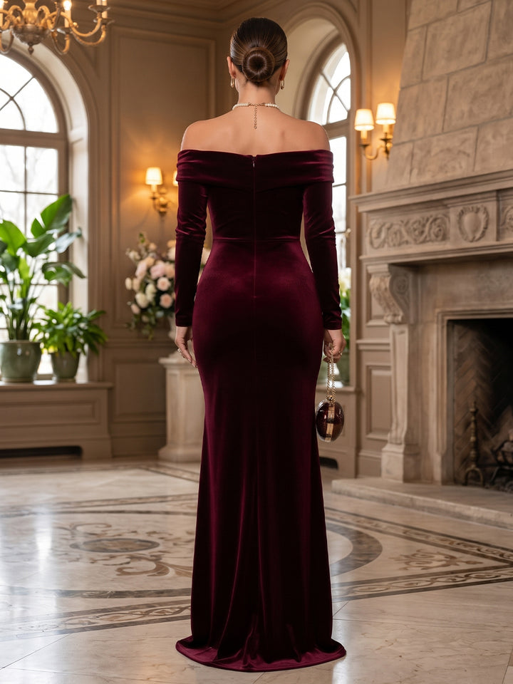 Velvet Mermaid Off the Shoulder Floor Length Formal Dresses Long Sleeves Fitted Waist Evening Dresses
