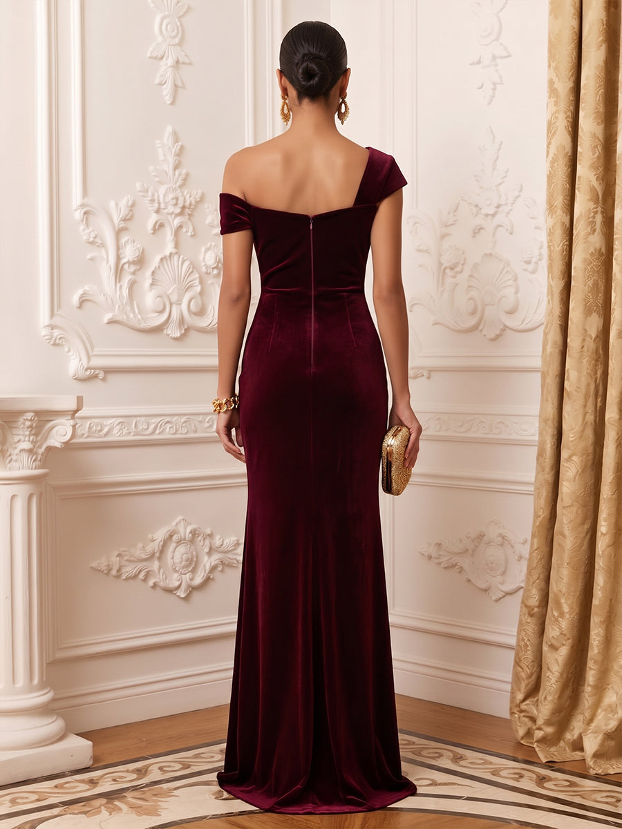 Velvet Sheath Off the Shoulder Floor Length Formal Dresses Sleeveless Fitted Waist Evening Dresses