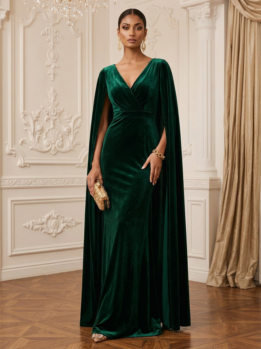 Velvet Mermaid V Neck Floor Length Formal Dresses Long Sleeves Cape Sleeve Evening Dresses