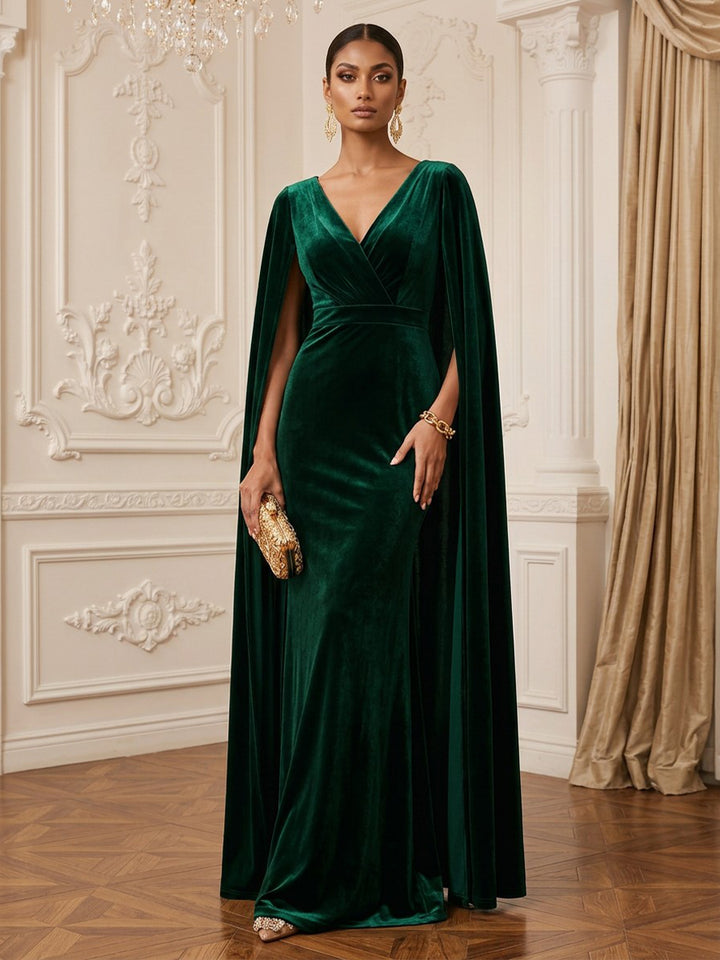 Velvet Mermaid V Neck Floor Length Formal Dresses Long Sleeves Cape Sleeve Evening Dresses