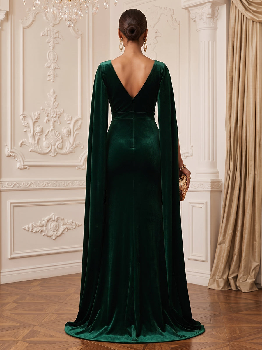 Velvet Mermaid V Neck Floor Length Formal Dresses Long Sleeves Cape Sleeve Evening Dresses