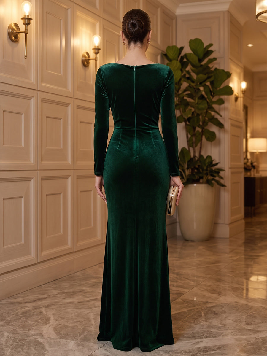 Velvet Mermaid Jewel Neck Floor Length Formal Dresses Long Sleeves Fitted Waist Evening Dresses