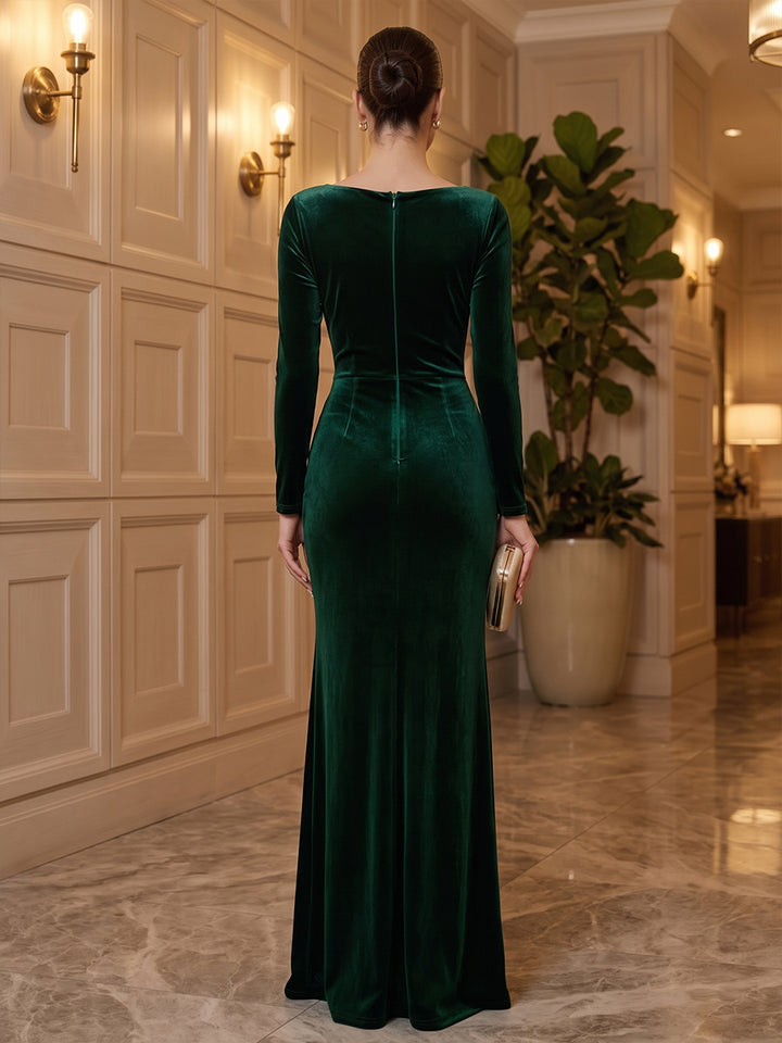 Velvet Mermaid Jewel Neck Floor Length Formal Dresses Long Sleeves Fitted Waist Evening Dresses