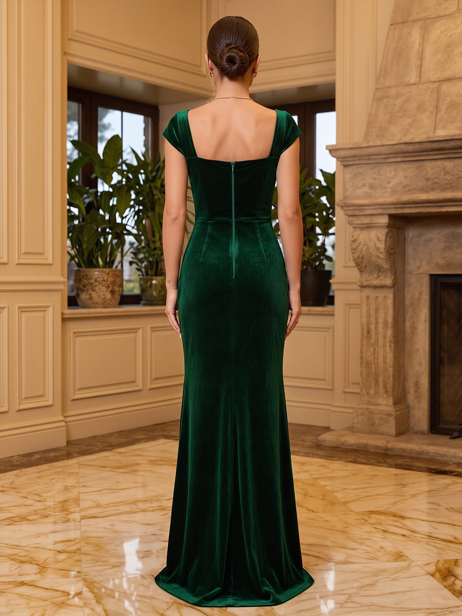 Velvet Sheath Square Neck Floor Length Formal Dresses Cap Sleeves Ruched Evening Dresses