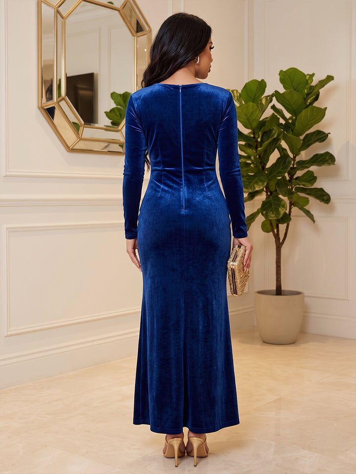 Velvet Sheath V Neck Floor Length Formal Dresses Long Sleeves Ruched Evening Dresses