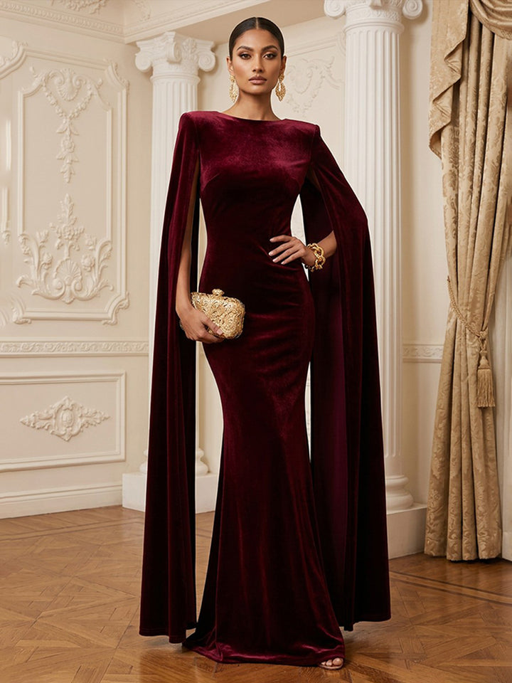 Velvet Mermaid Jewel Neck Floor Length Formal Dresses Long Sleeves Cape Sleeve Evening Dresses