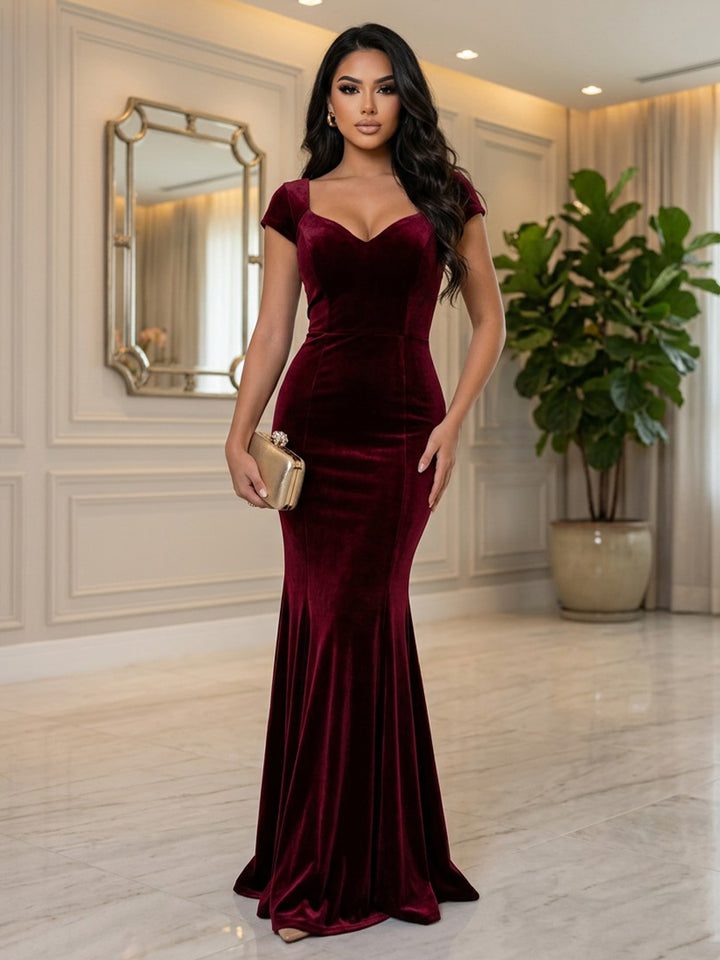 Velvet Mermaid V Neck Floor Length Formal Dresses Cap Sleeves Fitted Bodycon Evening Dresses