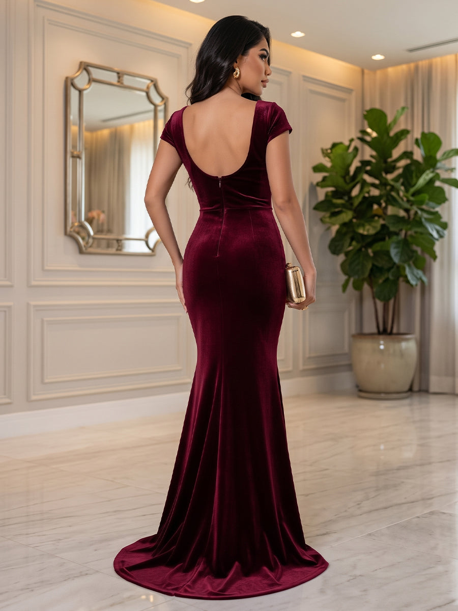 Velvet Mermaid V Neck Floor Length Formal Dresses Cap Sleeves Fitted Bodycon Evening Dresses