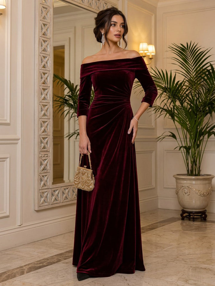Velvet A Line Off the Shoulder Floor Length Formal Dresses Long Sleeves Ruched Evening Dresses