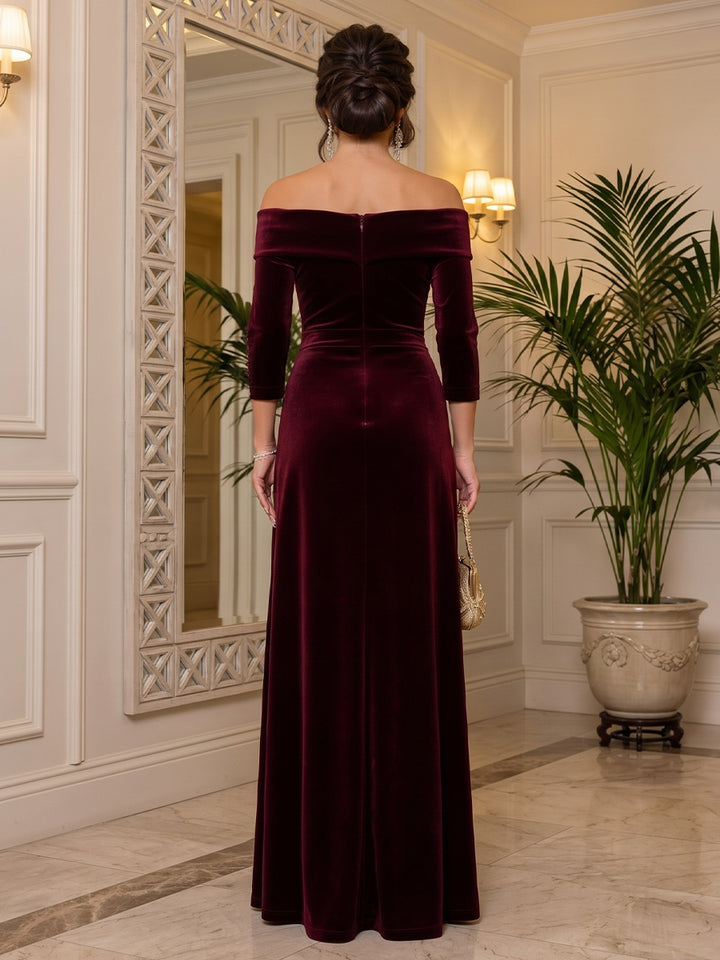 Velvet A Line Off the Shoulder Floor Length Formal Dresses Long Sleeves Ruched Evening Dresses