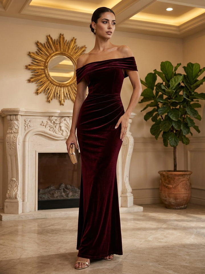 Velvet Sheath Off the Shoulder Floor Length Formal Dresses Sleeveless Fitted Bodycon Evening Dresses