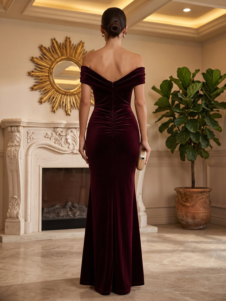 Velvet Sheath Off the Shoulder Floor Length Formal Dresses Sleeveless Fitted Bodycon Evening Dresses