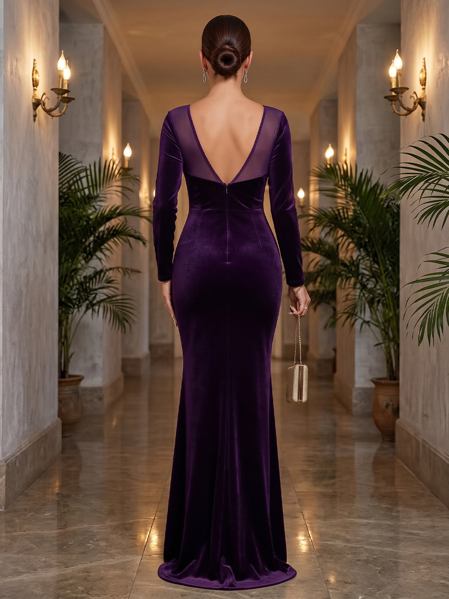 Velvet Sheath Jewel Neck Floor Length Formal Dresses Long Sleeves Illusion Neck Evening Dresses