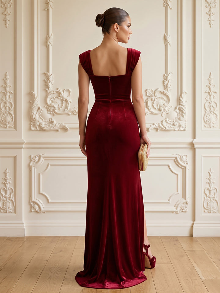 Velvet Sheath Square Neck Floor Length Formal Dresses Sleeveless Ruched Evening Dresses with Sweep Train