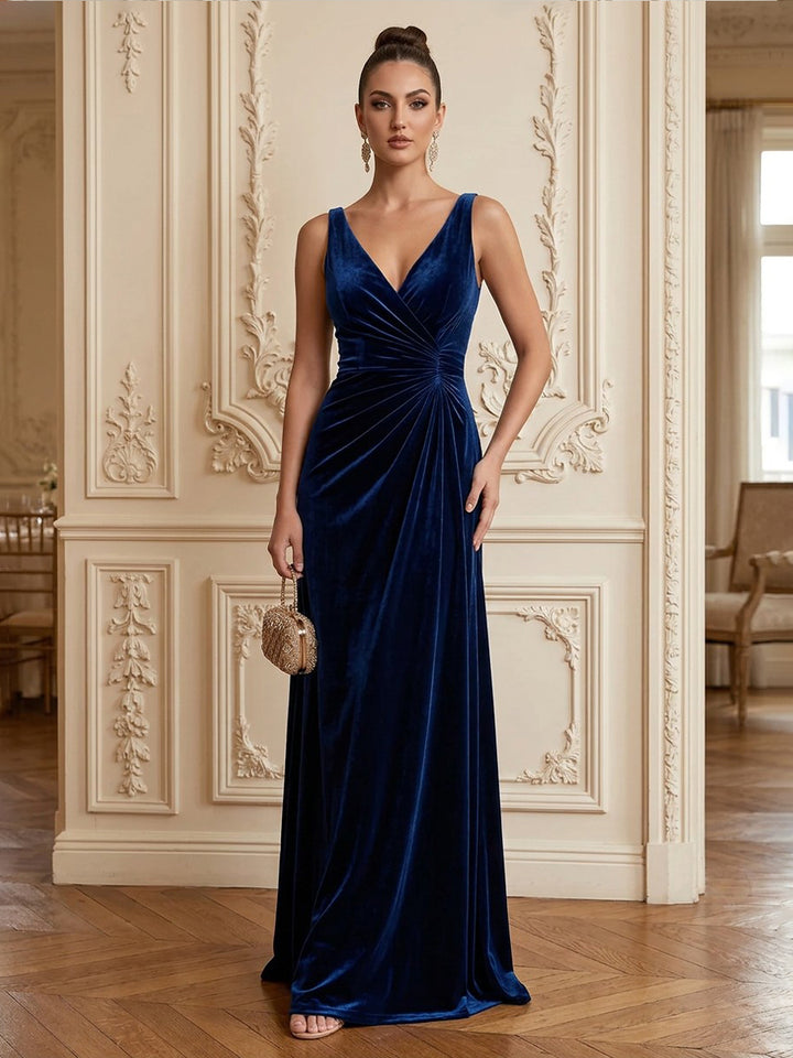 Velvet A Line V Neck Floor Length Formal Dresses Sleeveless Ruched Evening Dresses