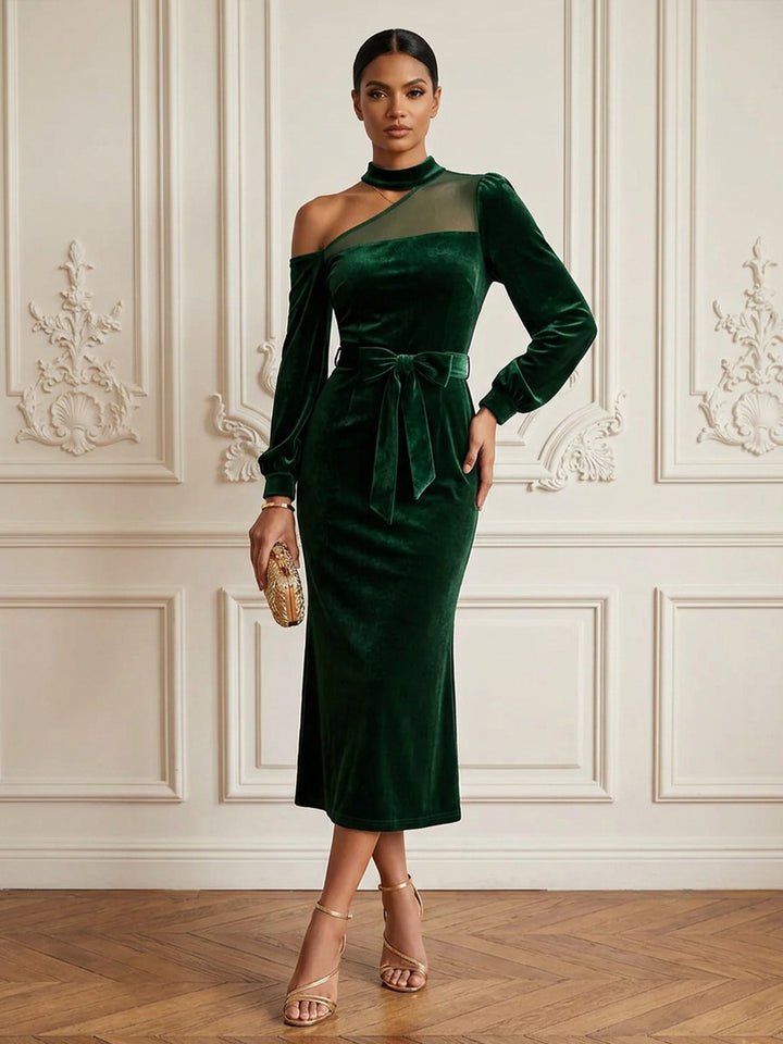Velvet Sheath Asymmetric Neck Tea Length Formal Dresses Long Sleeves Illusion Neck Evening Dresses