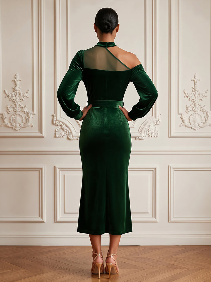 Velvet Sheath Asymmetric Neck Tea Length Formal Dresses Long Sleeves Illusion Neck Evening Dresses