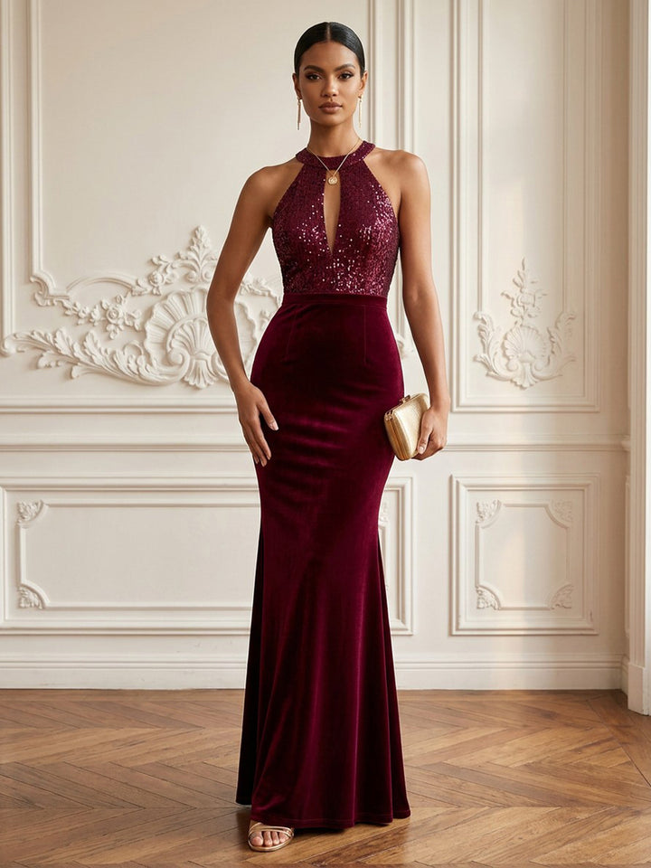 Velvet Sequin Mermaid Halter Floor Length Formal Dresses Sleeveless Cut Out Evening Dresses