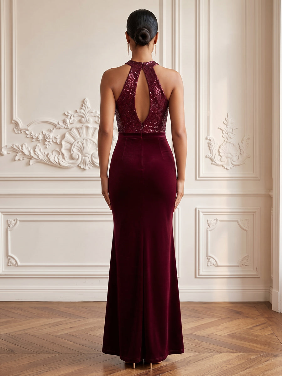 Velvet Sequin Mermaid Halter Floor Length Formal Dresses Sleeveless Cut Out Evening Dresses